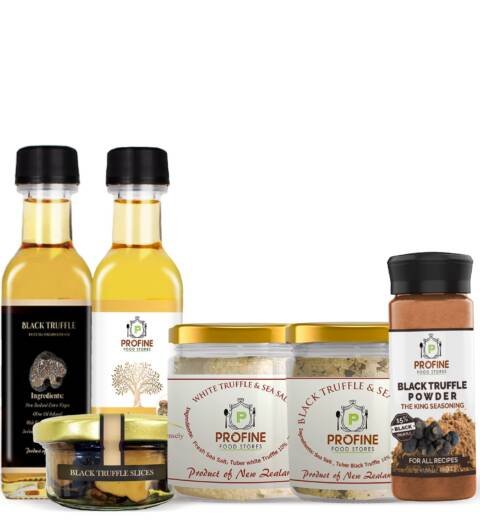 Food Xtreme Bundle as Black Truffle Oil 100 cc , White Truffle Oil 100 CC , Black Truffle Salt , White Truffle Salt glass , Black Truffle Powder glass jar